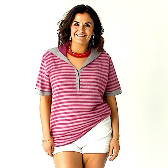 V Sports by Venezia Plus Size 26/28 Multicolor Striped Short Sleeve Hood… - Picture 1 of 5